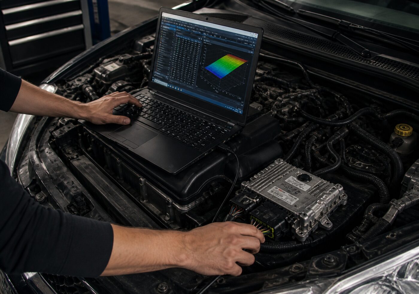 ECU chip tuning in workshop